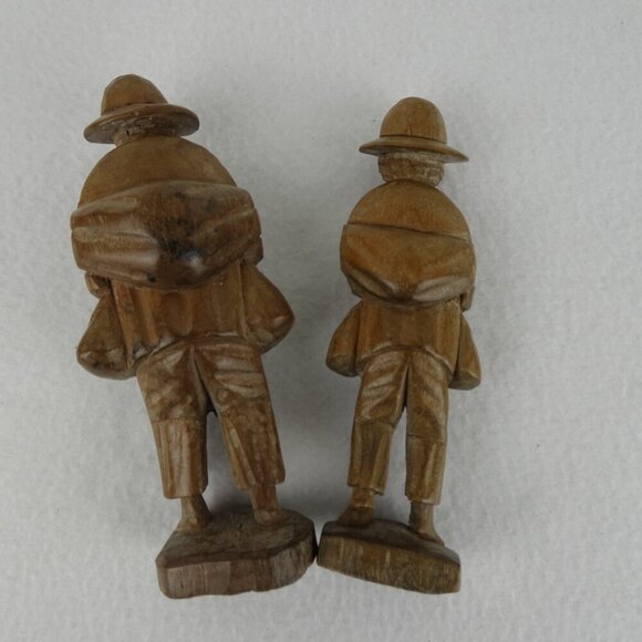 Vtg 6" Ecuador Hand-Carved Wood Figurines TWO Traveling Man Bowl in Hand w Bags - Picture 7 of 14